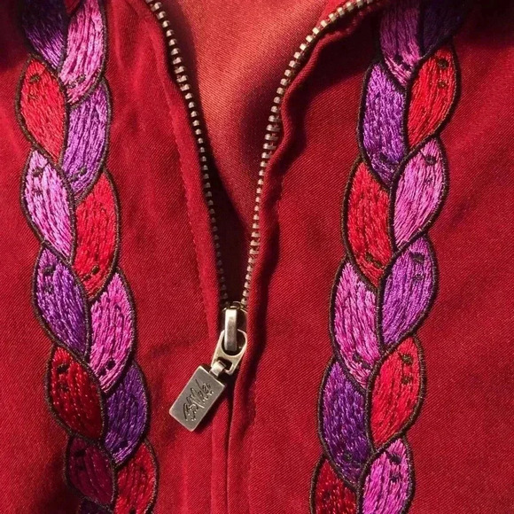 Bob Mackie Wearable Art Large Burgundy Zip Front Jacket Top Embroidered Tassel - Picture 7 of 8